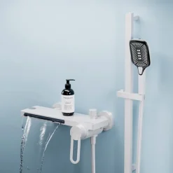 Waterfall Bathtub Faucet, Minimalist Style Bathroom High Pressure High Flow Bath Shower Mixer Taps, Height Adjustable Handheld Shower Faucet Included, Ceramic Valve Insides