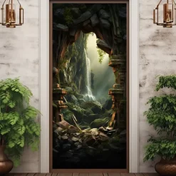 Waterfall Cave Door Covers Mural Decor Door Tapestry Door Curtain Decoration Backdrop Door Banner Removable for Front Door Indoor Outdoor Home Room Decoration Farmhouse Decor Supplies