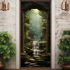 Waterfall Cave Door Covers Mural Decor Door Tapestry Door Curtain Decoration Backdrop Door Banner Removable for Front Door Indoor Outdoor Home Room Decoration Farmhouse Decor Supplies