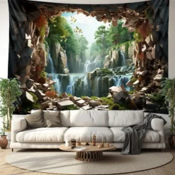 Waterfall Forest Cave Hanging Tapestry Wall Art Large Tapestry Mural Decor Photograph Backdrop Blanket Curtain Home Bedroom Living Room Decoration
