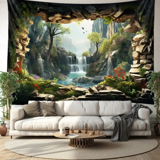 Waterfall Forest Cave Hanging Tapestry Wall Art Large Tapestry Mural Decor Photograph Backdrop Blanket Curtain Home Bedroom Living Room Decoration