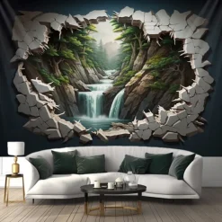 Waterfall Forest Cave Hanging Tapestry Wall Art Large Tapestry Mural Decor Photograph Backdrop Blanket Curtain Home Bedroom Living Room Decoration