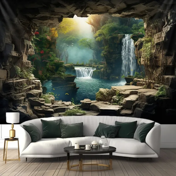 Waterfall Forest Cave Hanging Tapestry Wall Art Large Tapestry Mural Decor Photograph Backdrop Blanket Curtain Home Bedroom Living Room Decoration