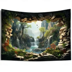 Waterfall Forest Cave Hanging Tapestry Wall Art Large Tapestry Mural Decor Photograph Backdrop Blanket Curtain Home Bedroom Living Room Decoration