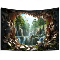 Waterfall Forest Cave Hanging Tapestry Wall Art Large Tapestry Mural Decor Photograph Backdrop Blanket Curtain Home Bedroom Living Room Decoration