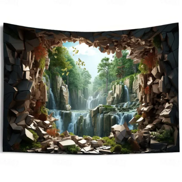 Waterfall Forest Cave Hanging Tapestry Wall Art Large Tapestry Mural Decor Photograph Backdrop Blanket Curtain Home Bedroom Living Room Decoration