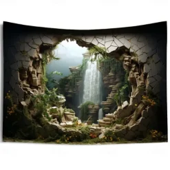 Waterfall Forest Cave Hanging Tapestry Wall Art Large Tapestry Mural Decor Photograph Backdrop Blanket Curtain Home Bedroom Living Room Decoration