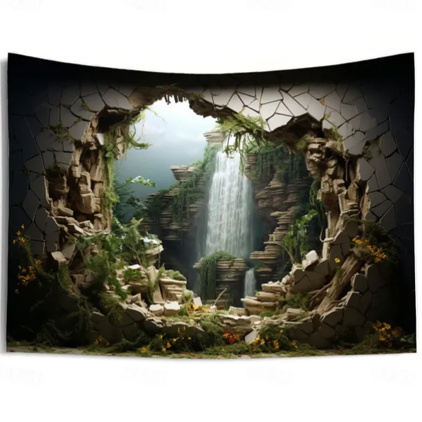 Waterfall Forest Cave Hanging Tapestry Wall Art Large Tapestry Mural Decor Photograph Backdrop Blanket Curtain Home Bedroom Living Room Decoration
