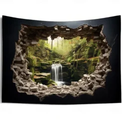 Waterfall Forest Cave Hanging Tapestry Wall Art Large Tapestry Mural Decor Photograph Backdrop Blanket Curtain Home Bedroom Living Room Decoration