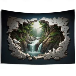 Waterfall Forest Cave Hanging Tapestry Wall Art Large Tapestry Mural Decor Photograph Backdrop Blanket Curtain Home Bedroom Living Room Decoration
