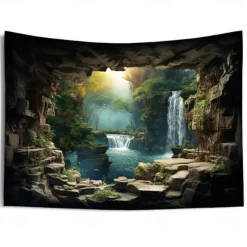 Waterfall Forest Cave Hanging Tapestry Wall Art Large Tapestry Mural Decor Photograph Backdrop Blanket Curtain Home Bedroom Living Room Decoration