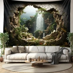 Waterfall Forest Cave Hanging Tapestry Wall Art Large Tapestry Mural Decor Photograph Backdrop Blanket Curtain Home Bedroom Living Room Decoration