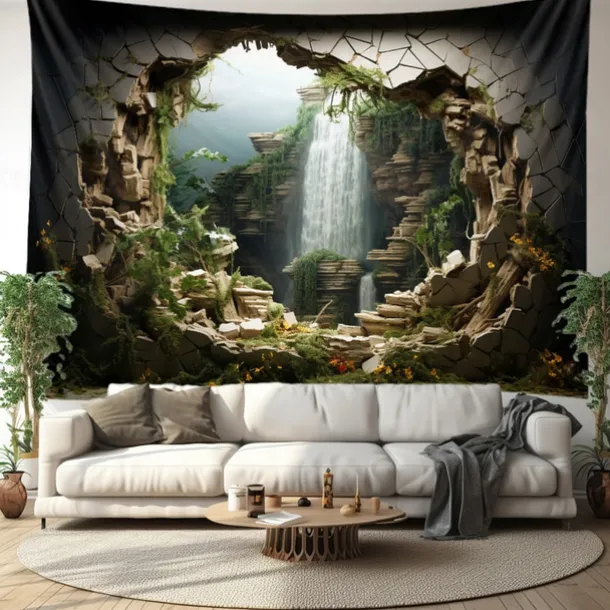 Waterfall Forest Cave Hanging Tapestry Wall Art Large Tapestry Mural Decor Photograph Backdrop Blanket Curtain Home Bedroom Living Room Decoration