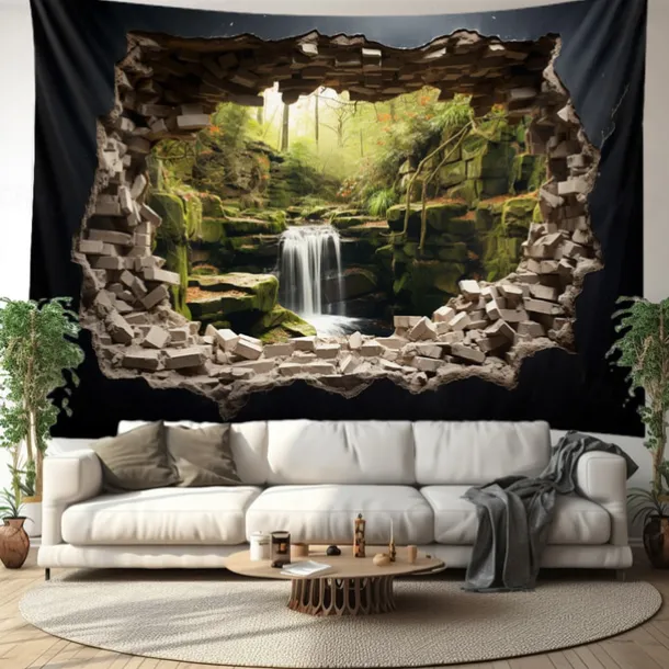 Waterfall Forest Cave Hanging Tapestry Wall Art Large Tapestry Mural Decor Photograph Backdrop Blanket Curtain Home Bedroom Living Room Decoration