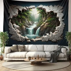 Waterfall Forest Cave Hanging Tapestry Wall Art Large Tapestry Mural Decor Photograph Backdrop Blanket Curtain Home Bedroom Living Room Decoration