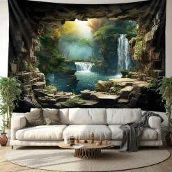 Waterfall Forest Cave Hanging Tapestry Wall Art Large Tapestry Mural Decor Photograph Backdrop Blanket Curtain Home Bedroom Living Room Decoration