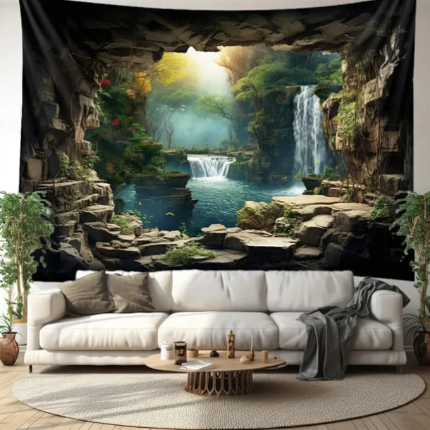 Waterfall Forest Cave Hanging Tapestry Wall Art Large Tapestry Mural Decor Photograph Backdrop Blanket Curtain Home Bedroom Living Room Decoration