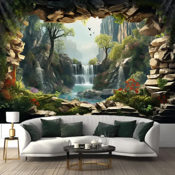 Waterfall Forest Cave Hanging Tapestry Wall Art Large Tapestry Mural Decor Photograph Backdrop Blanket Curtain Home Bedroom Living Room Decoration