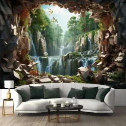 Waterfall Forest Cave Hanging Tapestry Wall Art Large Tapestry Mural Decor Photograph Backdrop Blanket Curtain Home Bedroom Living Room Decoration