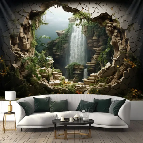 Waterfall Forest Cave Hanging Tapestry Wall Art Large Tapestry Mural Decor Photograph Backdrop Blanket Curtain Home Bedroom Living Room Decoration