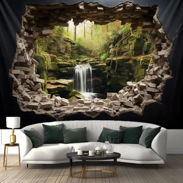 Waterfall Forest Cave Hanging Tapestry Wall Art Large Tapestry Mural Decor Photograph Backdrop Blanket Curtain Home Bedroom Living Room Decoration