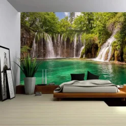 Waterfall River Hanging Tapestry Wall Art Large Tapestry Mural Decor Photograph Backdrop Blanket Curtain Home Bedroom Living Room Decoration