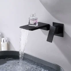 Waterfall Wall Mounted Bathroom Sink Mixer Faucet Matte Black, Solid Brass Basin Mixer Tap Single Handle One Lever Lavatory Taps Black Gold Chrome