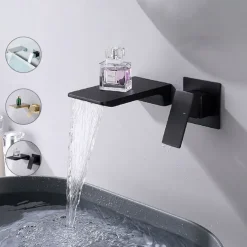 Waterfall Wall Mounted Bathroom Sink Mixer Faucet Matte Black, Solid Brass Basin Mixer Tap Single Handle One Lever Lavatory Taps Black Gold Chrome