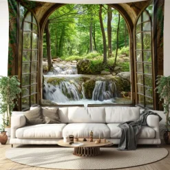 Waterfall Window View Hanging Tapestry Wall Art Large Tapestry Mural Decor Photograph Backdrop Blanket Curtain Home Bedroom Living Room Decoration Cottagecore