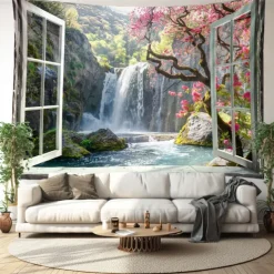 Waterfall Window View Hanging Tapestry Wall Art Large Tapestry Mural Decor Photograph Backdrop Blanket Curtain Home Bedroom Living Room Decoration Cottagecore