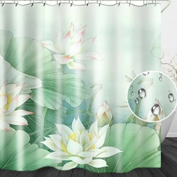 Waterproof Fabric Shower Curtain 180cm*180cm(70"*70")with Hooks White Lotus Digital Print for Bathroom Home Decor Covered Bathtub Curtains Liner