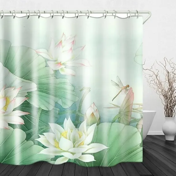 Waterproof Fabric Shower Curtain 180cm*180cm(70"*70")with Hooks White Lotus Digital Print for Bathroom Home Decor Covered Bathtub Curtains Liner