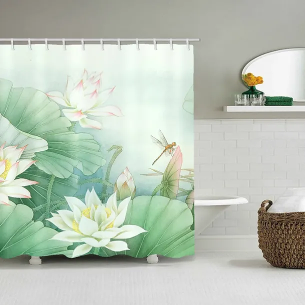 Waterproof Fabric Shower Curtain 180cm*180cm(70"*70")with Hooks White Lotus Digital Print for Bathroom Home Decor Covered Bathtub Curtains Liner