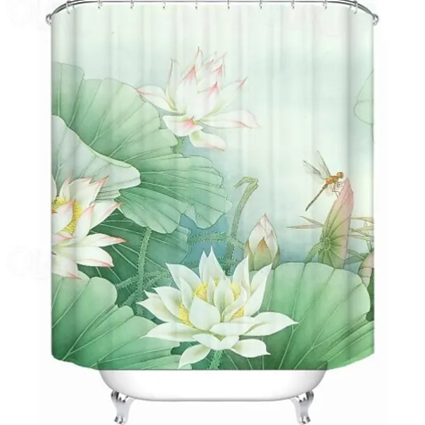 Waterproof Fabric Shower Curtain 180cm*180cm(70"*70")with Hooks White Lotus Digital Print for Bathroom Home Decor Covered Bathtub Curtains Liner