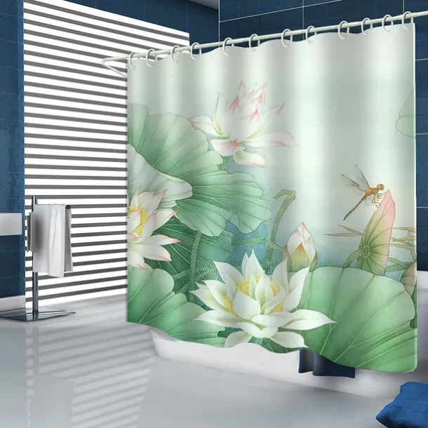 Waterproof Fabric Shower Curtain 180cm*180cm(70"*70")with Hooks White Lotus Digital Print for Bathroom Home Decor Covered Bathtub Curtains Liner