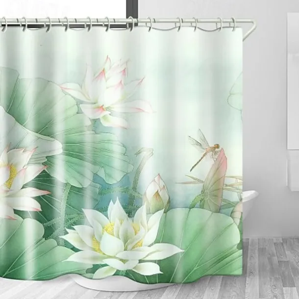Waterproof Fabric Shower Curtain 180cm*180cm(70"*70")with Hooks White Lotus Digital Print for Bathroom Home Decor Covered Bathtub Curtains Liner