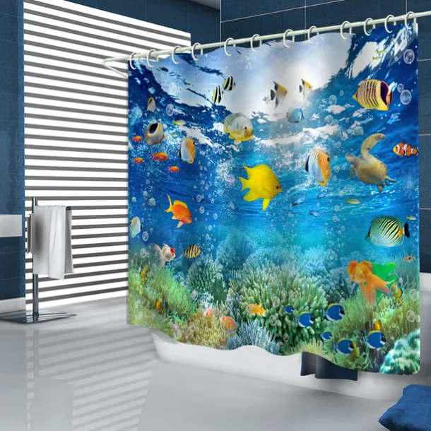 Waterproof Fabric Shower Curtain with Hooks 180cm*180cm(70"*70")Beach Fish Print for Bathroom Home Decor Covered Bathtub Curtains Liner