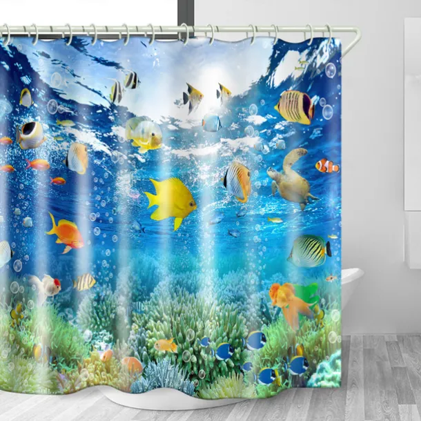 Waterproof Fabric Shower Curtain with Hooks 180cm*180cm(70"*70")Beach Fish Print for Bathroom Home Decor Covered Bathtub Curtains Liner