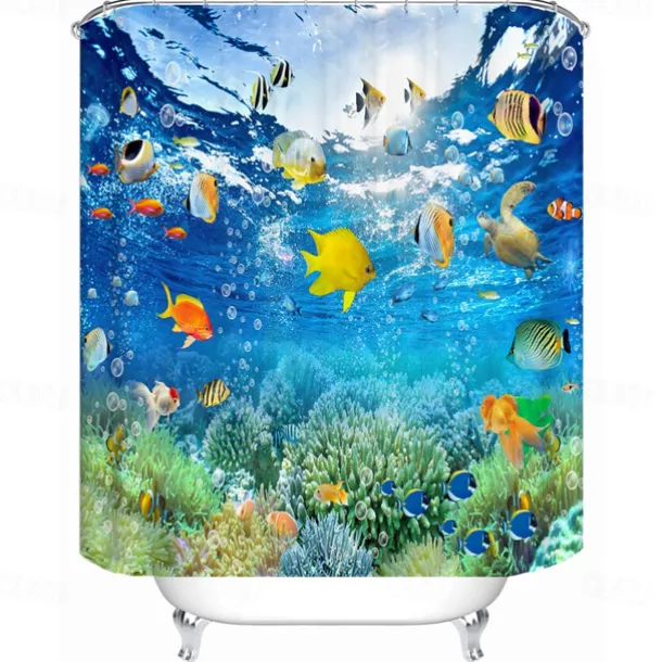 Waterproof Fabric Shower Curtain with Hooks 180cm*180cm(70"*70")Beach Fish Print for Bathroom Home Decor Covered Bathtub Curtains Liner