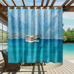 Waterproof Outdoor Curtain Privacy, Sliding Patio Curtain Drapes, Pergola Curtains Grommet 3D Ocean Boat Landscape For Gazebo, Balcony, Porch, Party, 1 Panel