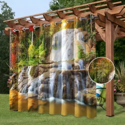Waterproof Outdoor Curtain Privacy, Sliding Patio Curtain Drapes, Pergola Curtains Grommet 3D Watrefall Rock For Gazebo, Balcony, Porch, Party, 1 Panel