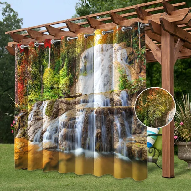 Waterproof Outdoor Curtain Privacy, Sliding Patio Curtain Drapes, Pergola Curtains Grommet 3D Watrefall Rock For Gazebo, Balcony, Porch, Party, 1 Panel