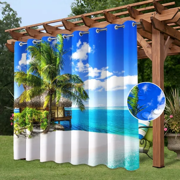 Waterproof Outdoor Curtain Privacy, Sliding Patio Curtain Drapes, Pergola Curtains Grommet 3D Watrefall Rock For Gazebo, Balcony, Porch, Party, 1 Panel