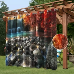 Waterproof Outdoor Curtain Privacy, Sliding Patio Curtain Drapes, Pergola Curtains Grommet 3D Watrefall Rock For Gazebo, Balcony, Porch, Party, 1 Panel