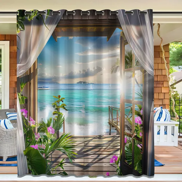 Waterproof Outdoor Curtain Privacy, Sliding Patio Curtain Drapes, Pergola Curtains Grommet 3D Beach Landscape For Gazebo, Balcony, Porch, Party, 1 Panel