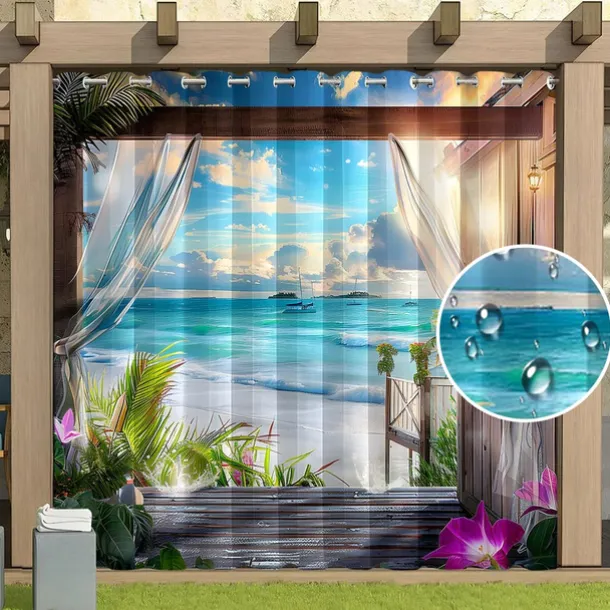 Waterproof Outdoor Curtain Privacy, Sliding Patio Curtain Drapes, Pergola Curtains Grommet 3D Beach Landscape For Gazebo, Balcony, Porch, Party, 1 Panel