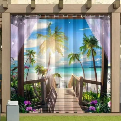 Waterproof Outdoor Curtain Privacy, Sliding Patio Curtain Drapes, Pergola Curtains Grommet 3D Beach Landscape For Gazebo, Balcony, Porch, Party, 1 Panel