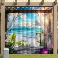 Waterproof Outdoor Curtain Privacy, Sliding Patio Curtain Drapes, Pergola Curtains Grommet 3D Beach Landscape For Gazebo, Balcony, Porch, Party, 1 Panel
