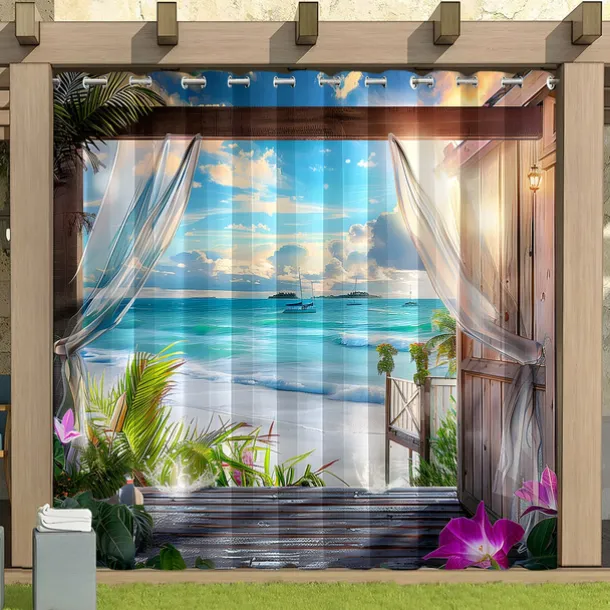 Waterproof Outdoor Curtain Privacy, Sliding Patio Curtain Drapes, Pergola Curtains Grommet 3D Beach Landscape For Gazebo, Balcony, Porch, Party, 1 Panel