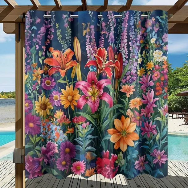 Waterproof Outdoor Curtain Privacy, Sliding Patio Curtain Drapes, Pergola Curtains Grommet 3D Summer Floral Landscape For Gazebo, Balcony, Porch, Party, 1 Panel